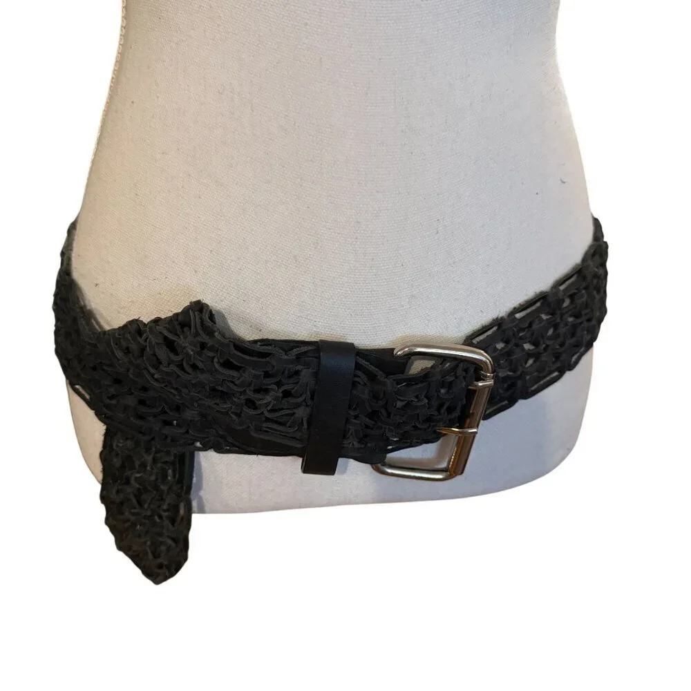 Mango MNG Braided Black Leather Statement Belt Silver Buckle Wide Woven